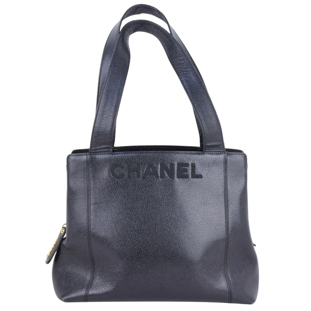 CHANEL tote bag handbag logo leather caviar skin black